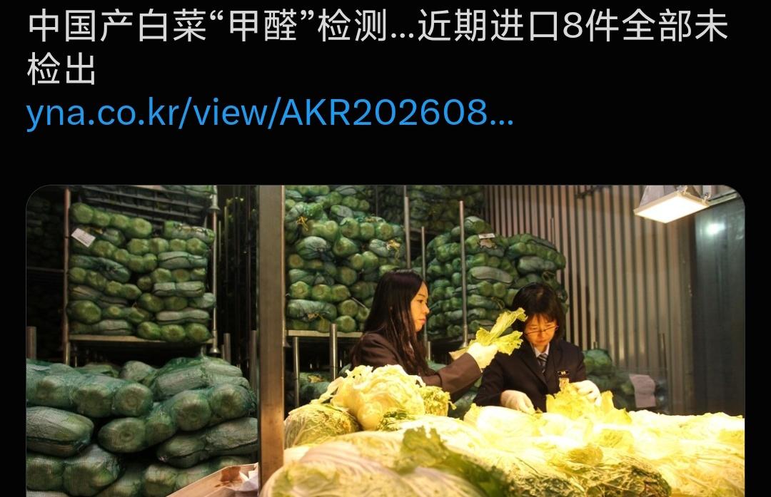 韩国对中国白菜进行甲醛检测韩国媒体：针对中国产白菜“甲醛”检测，近期进口8件全