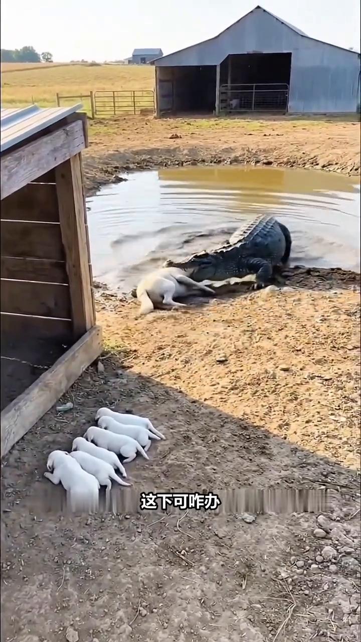 鳄鱼袭击白狗。鳄鱼哥突然偷袭，一口咬住狗妈妈，小奶狗们吓得瑟瑟发抖，这下可怎么
