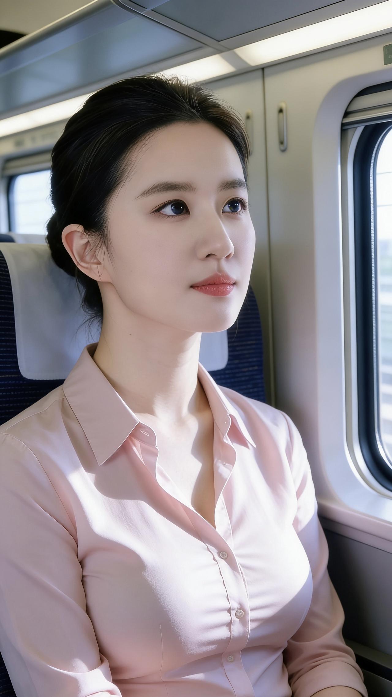 高铁平稳向前，窗外的田野与村落飞速掠过。她穿着浅粉衬衫，安静望着窗外，阳光在衣料