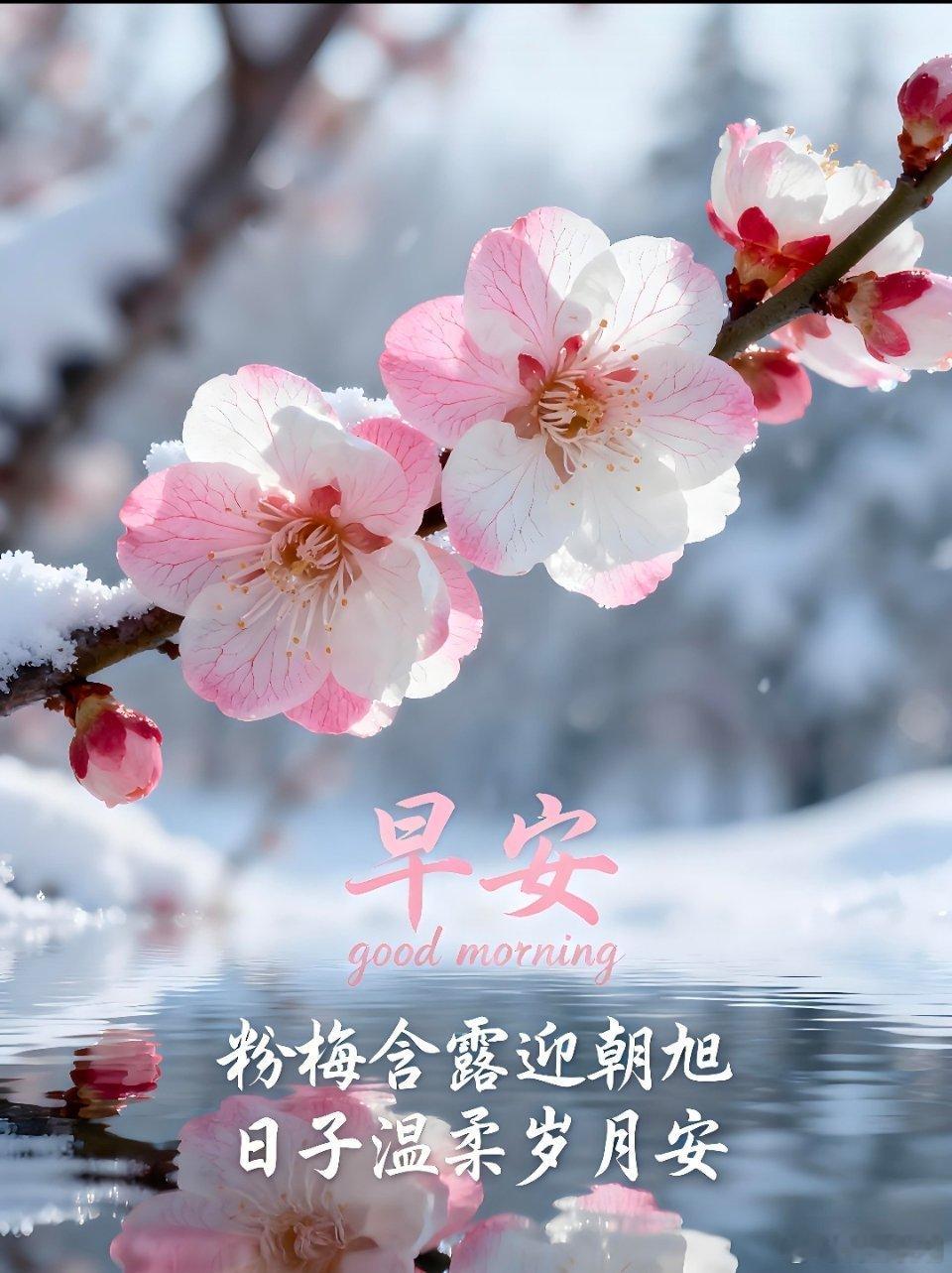 早安！愿你今日如梅，无惧寒霜，自有芬芳；亦如朝旭，温暖明亮，步履铿锵。早安，愿你