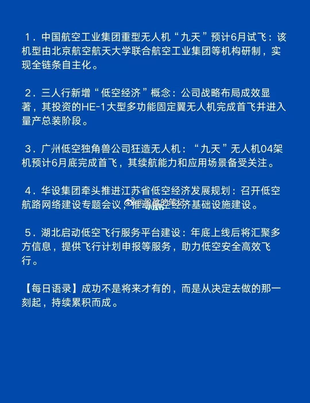6月6日低空经济新动态，一起看世界。1．中国航空工业集团重型无人机“九天”预计6
