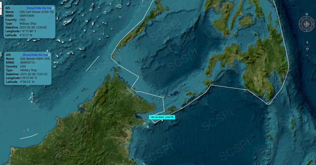 【美军卡尔文森航母打击群驶离南海】2月6日，根据AIS信号，美海军“卡尔·文森