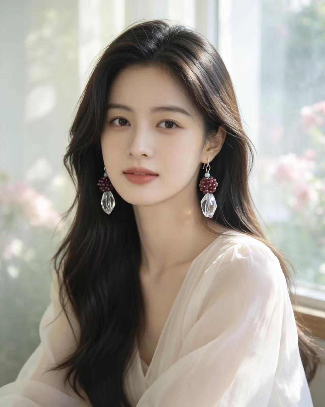 这位美女佩戴着漂亮的长耳环。