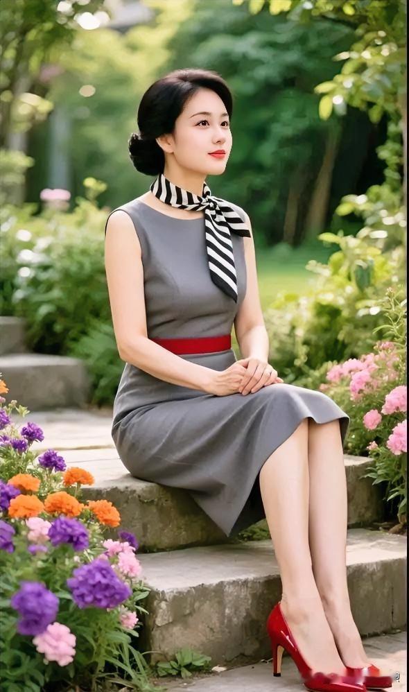 灰调裙装邂逅红带，条纹丝巾轻绕颈间。优雅端坐花丛旁，于静谧处尽显知性从容。