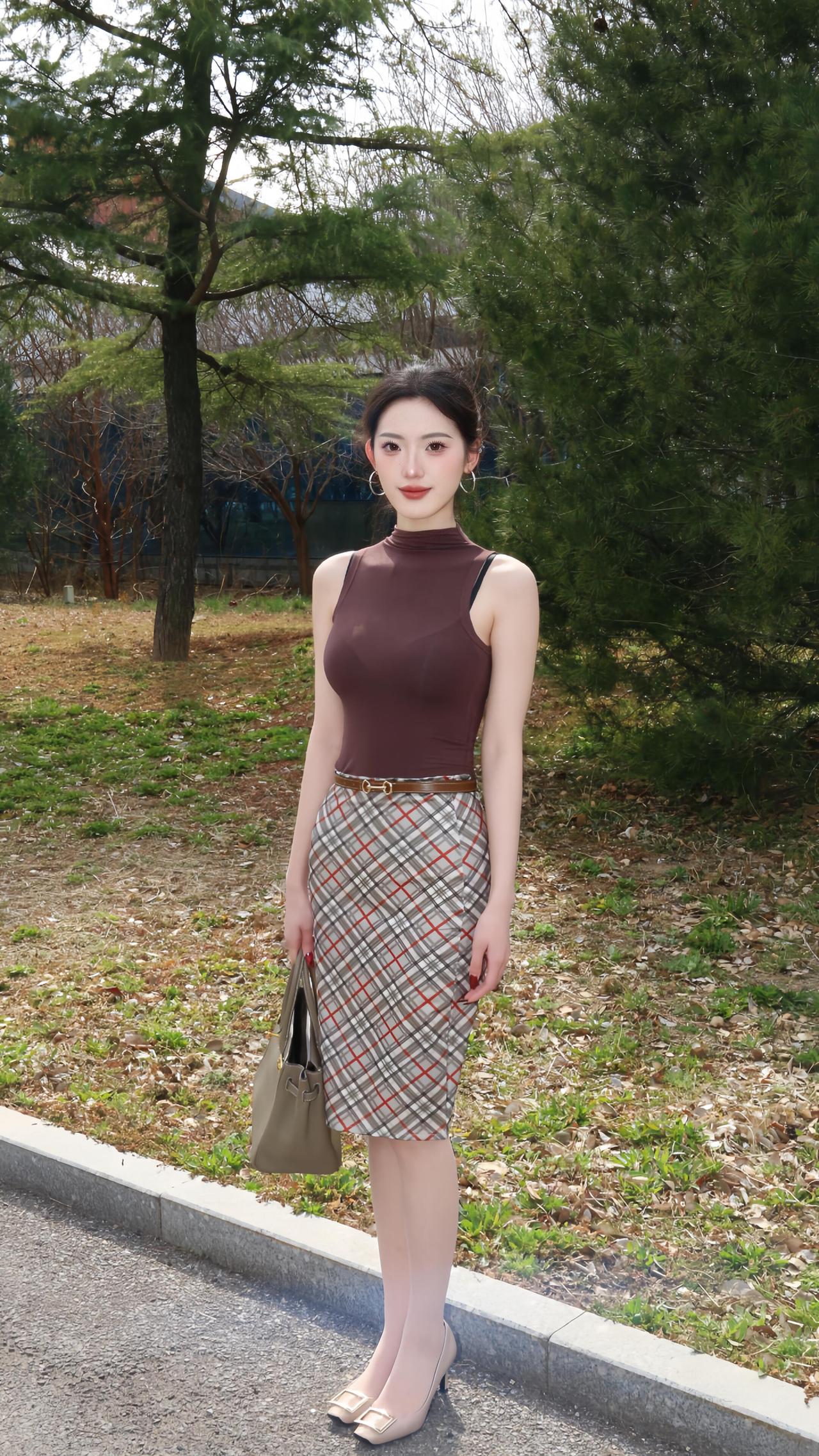 优雅穿搭指南：棕色高领衫+格子裙，尽显时尚魅力！👗👠