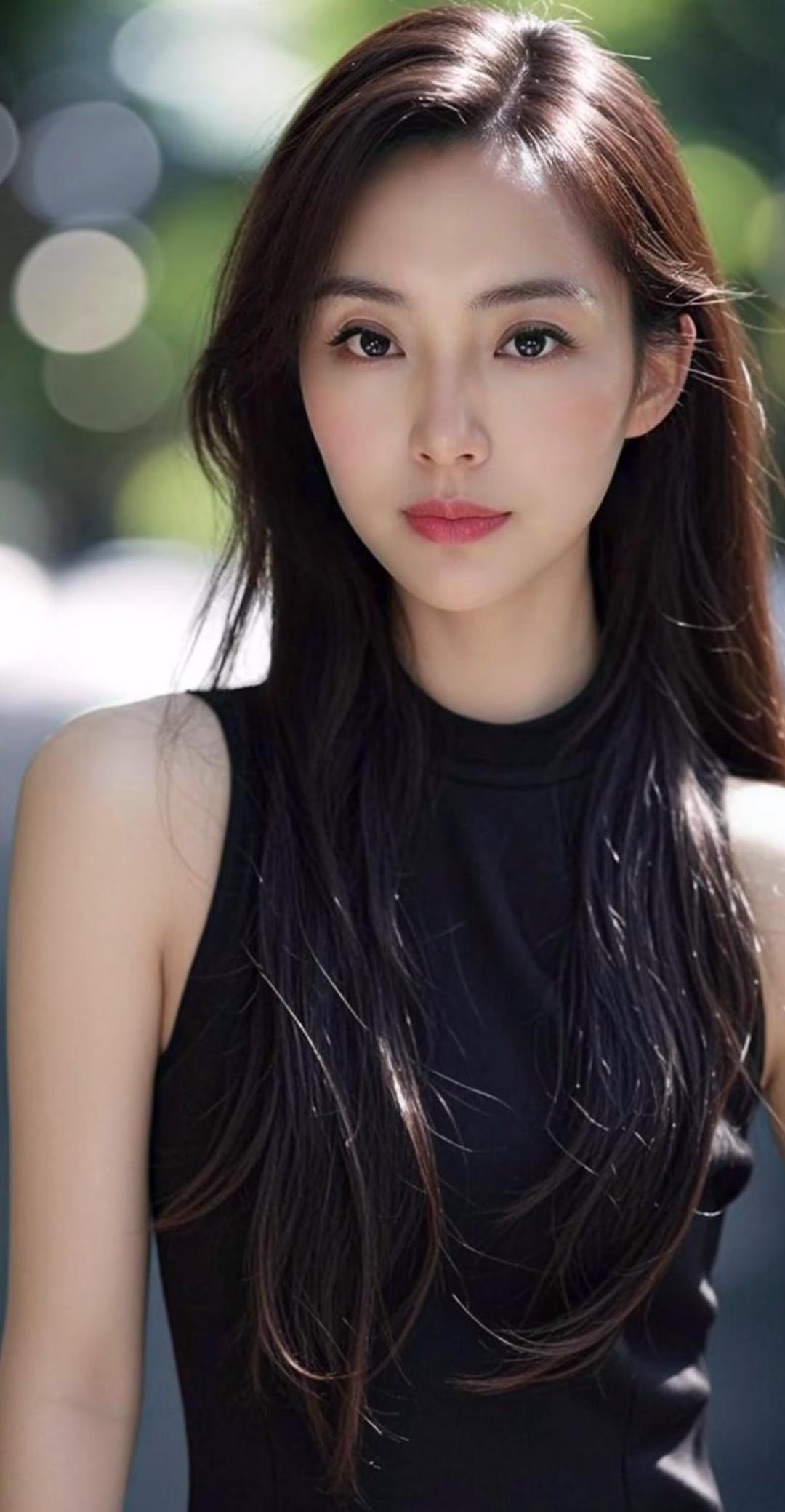 优雅黑裙，自然妆容，清新自然，气质迷人。