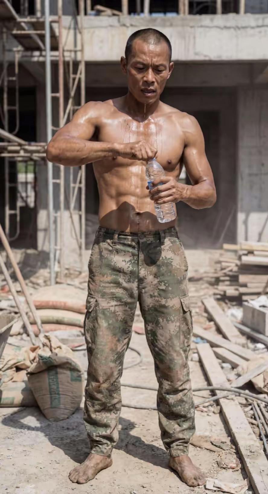 这样的农民工你见过吗？浑身的腱子肉，荷尔蒙爆棚！连喝口水都这么有味，如果他生