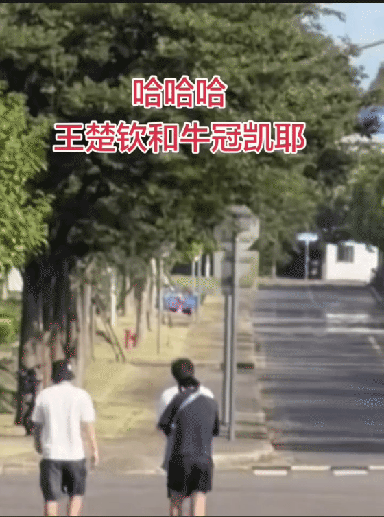 新鲜的王楚钦，走在小牛前面的那个就是他，一眼就看出来了，腿是最白的。好久不见，