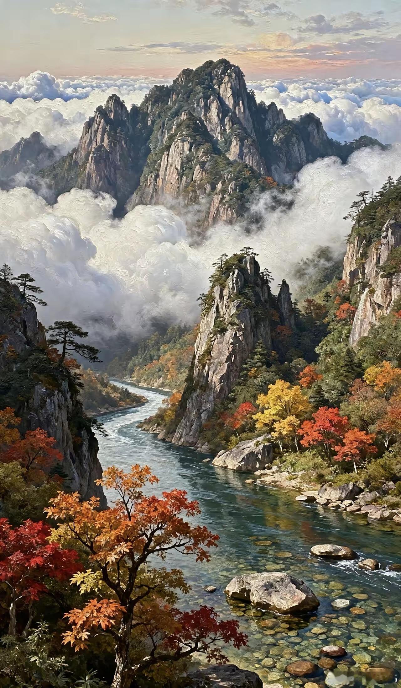 臂揽明月会嫦娥山彪碧水波静捞日月，头枕银河挑宜居。云雾缭绕皆入画，江山壮丽大海波