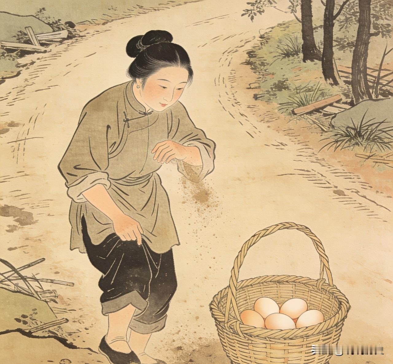 清朝，有个农妇去卖鸡蛋，走到半路被一群土匪糟蹋了，完事了，她见篮子里的鸡蛋还好端