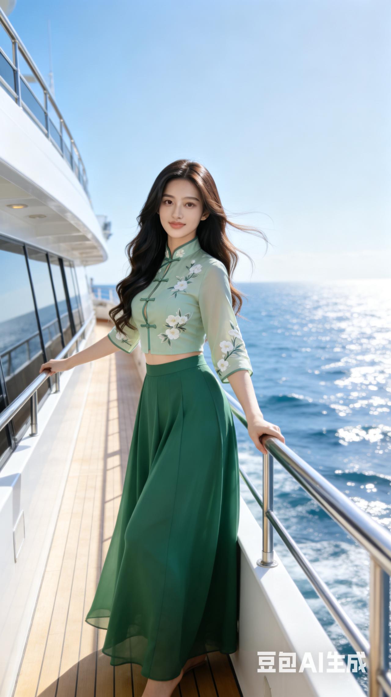 海风轻拂，碧波荡漾，优雅旗袍，尽显东方韵味。