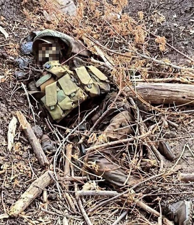俄乌冲突”战争中“英雄”的遗体，想象一名幸存的战士在山谷中遇到阵亡的战友。附图显