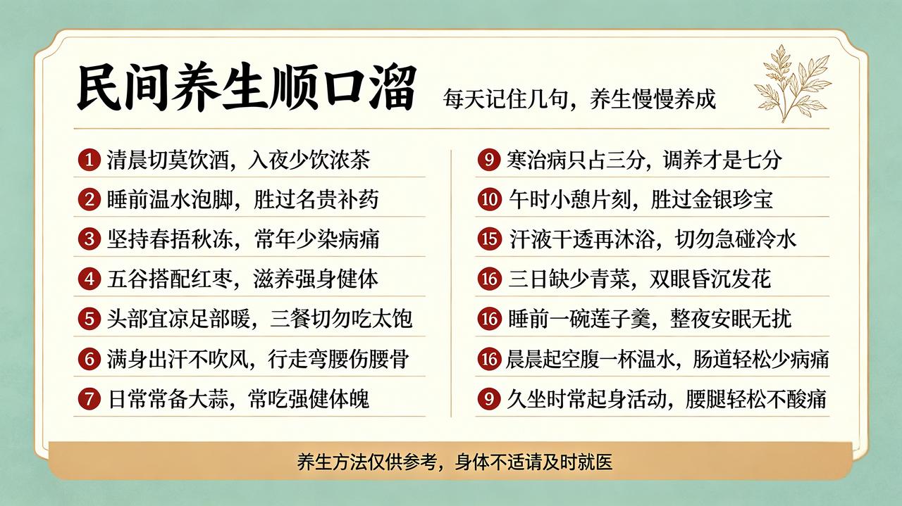 民间养生顺口溜①清晨切莫饮酒，入夜少饮浓茶！②睡前温水泡脚，胜过名贵补药！