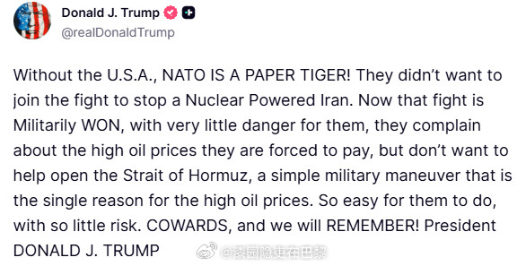 美以伊最新局势特朗普刚刚发文：没有美国，北约不过是一只“纸老虎”！他们不愿加入