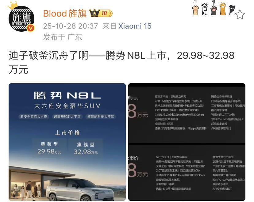 艹老师：迪子破釜沉舟了啊——腾势N8L上市，29.98~32.98万元！预计