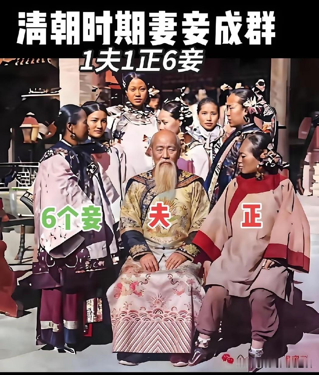 这就是古代社会的妻妾成群，一夫多妻制。这是一位清朝时代的官老爷和他的一正六妾的七