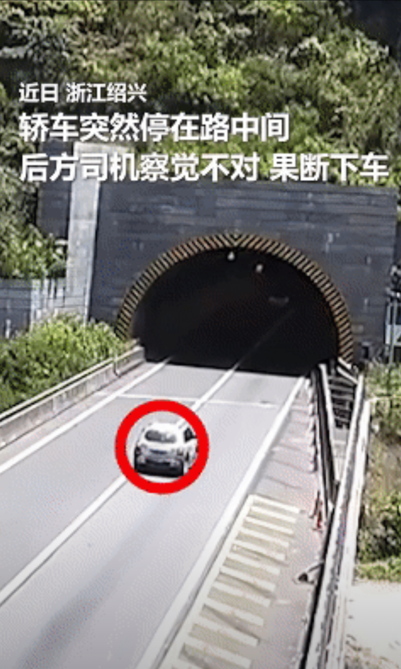 火到人民日报了！浙江绍兴，一辆轿车在隧道入口突然停在路中间，后方司机察觉不对，果