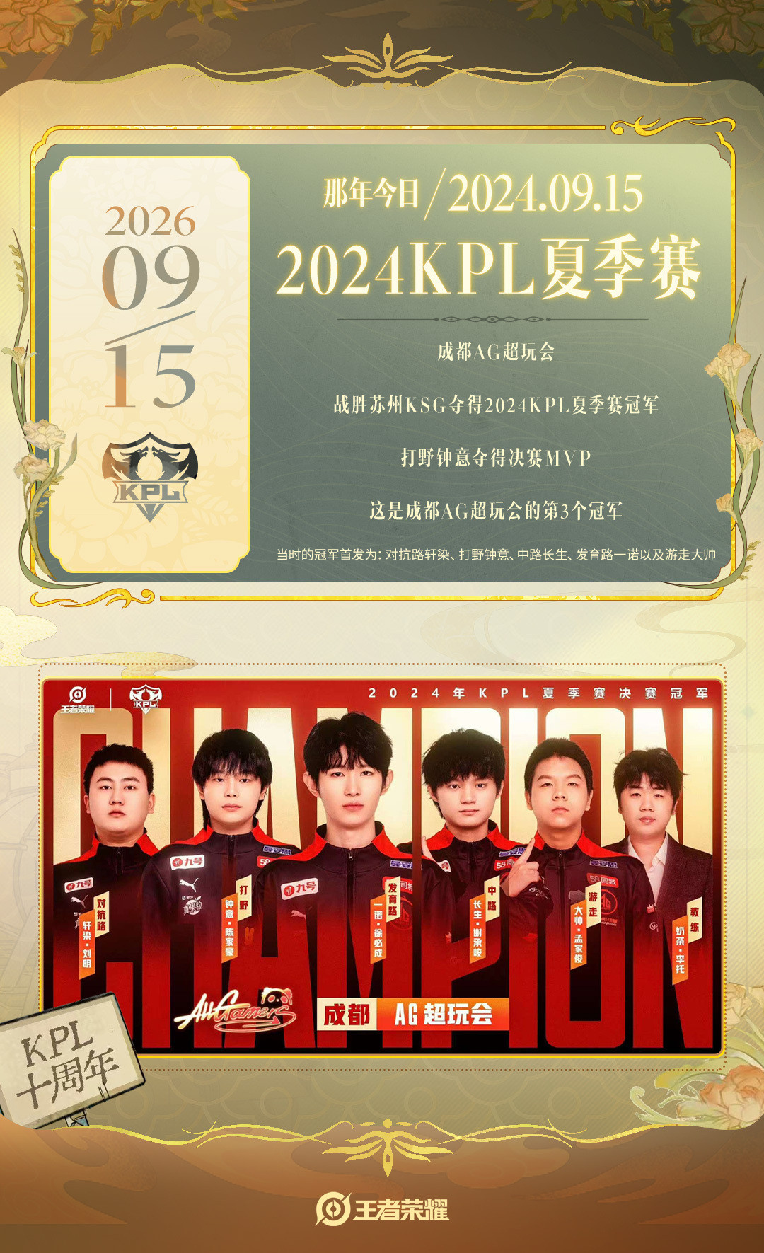 [星星]9月15日「那年今日日历」2年前的今天战胜苏州KSG夺得2024KPL夏季赛冠军，打野选手当