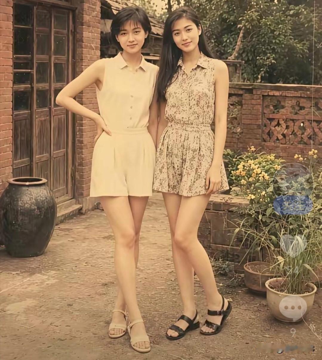 90年的两个美女，这穿戴放在现在也很时髦！