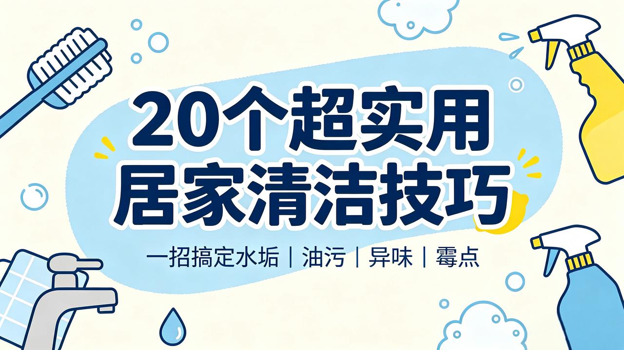 20个超实用居家清洁小技巧①水龙头水垢：白醋搭配温水喷洒在水龙头表面，静置