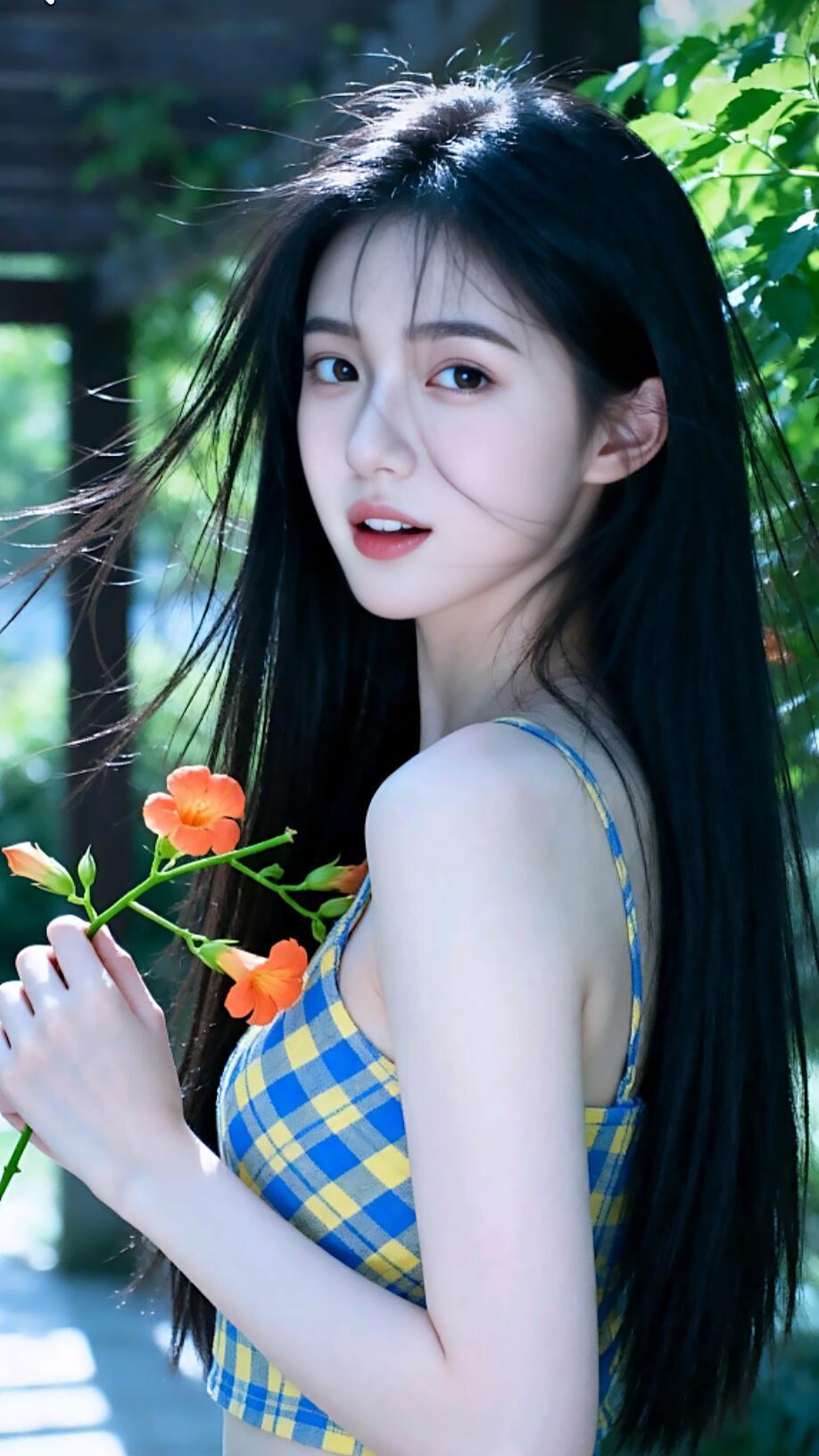 阳光下的少女与橙花，清新自然，美不胜收！🌸🌞