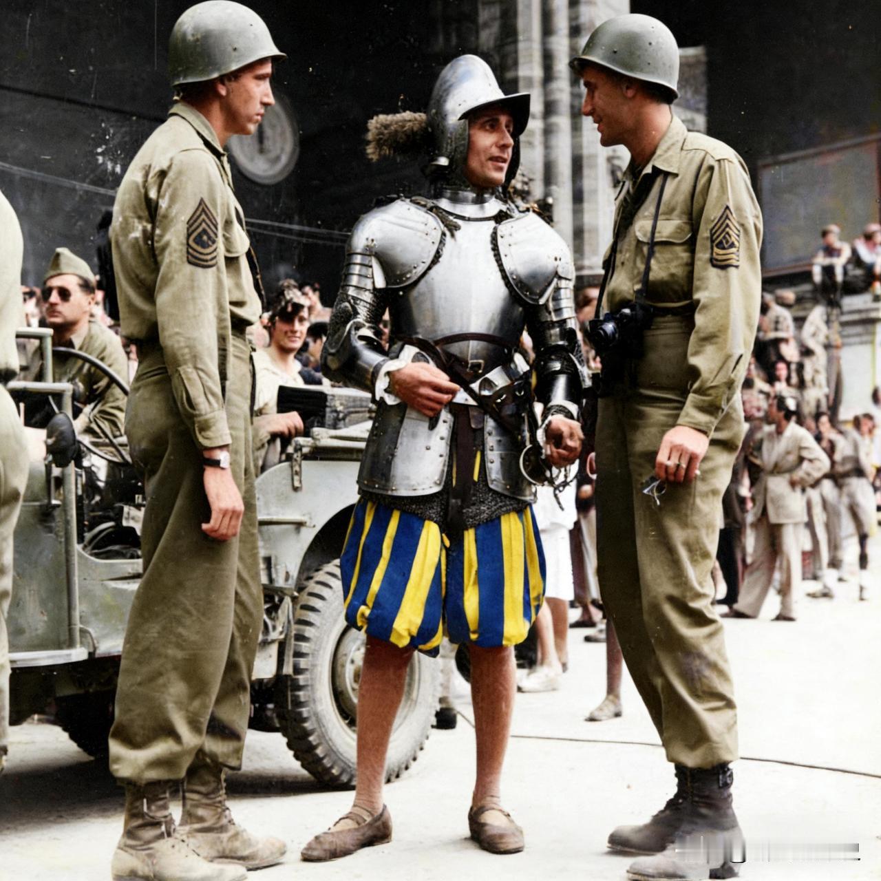1944年6月罗马解放后，两名美军士兵在梵蒂冈城与一名身穿文艺复兴风格盔甲的瑞士