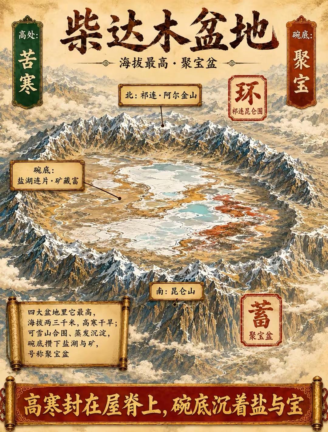 柴达木盆地作为我国海拔最高的盆地，最低点都有2600多米，被四五千米的高山围得