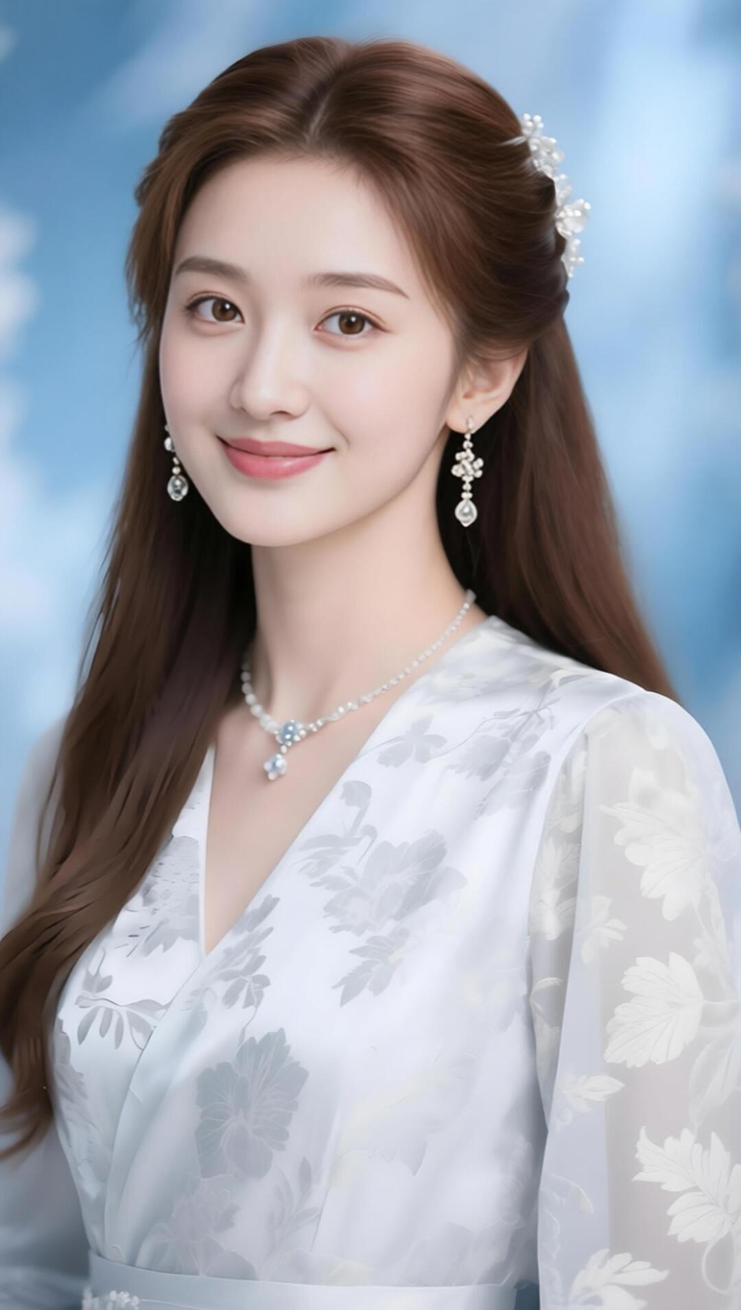 优雅白纱礼服，清新自然妆容，甜美笑容，仙女范十足！