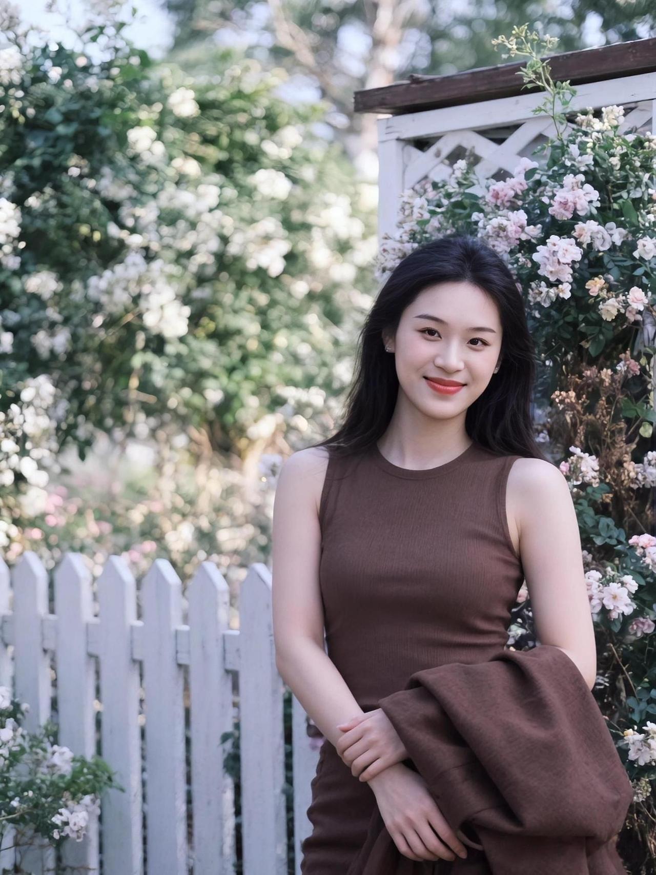 户外活力写真白栏绕砌绽芳丛，浅粉繁英映面红。素手轻拈棕袂软，明眸笑对晓光