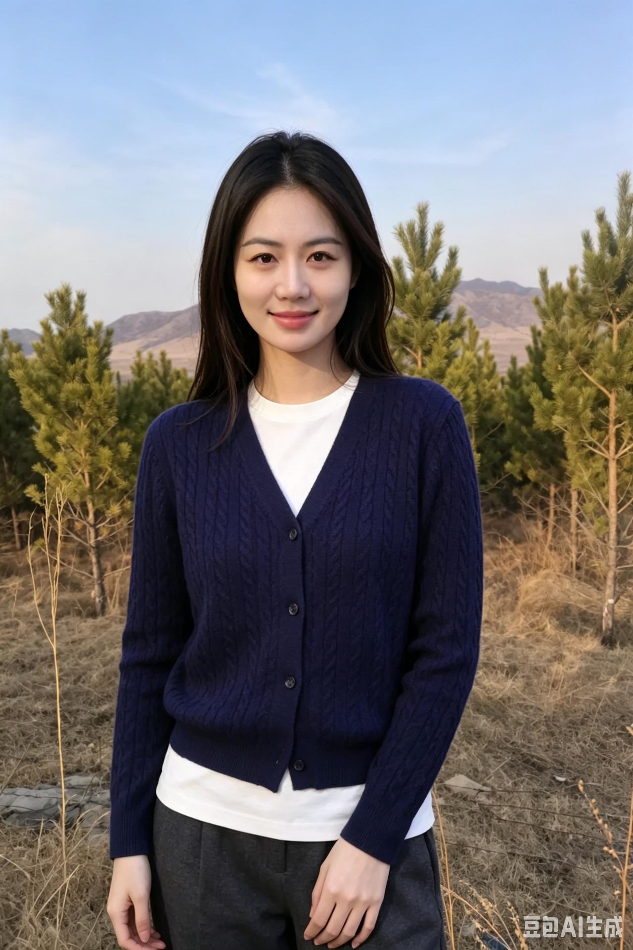 蓝衫映远山，浅笑淡如兰。风过云边静，清辉落鬓间。