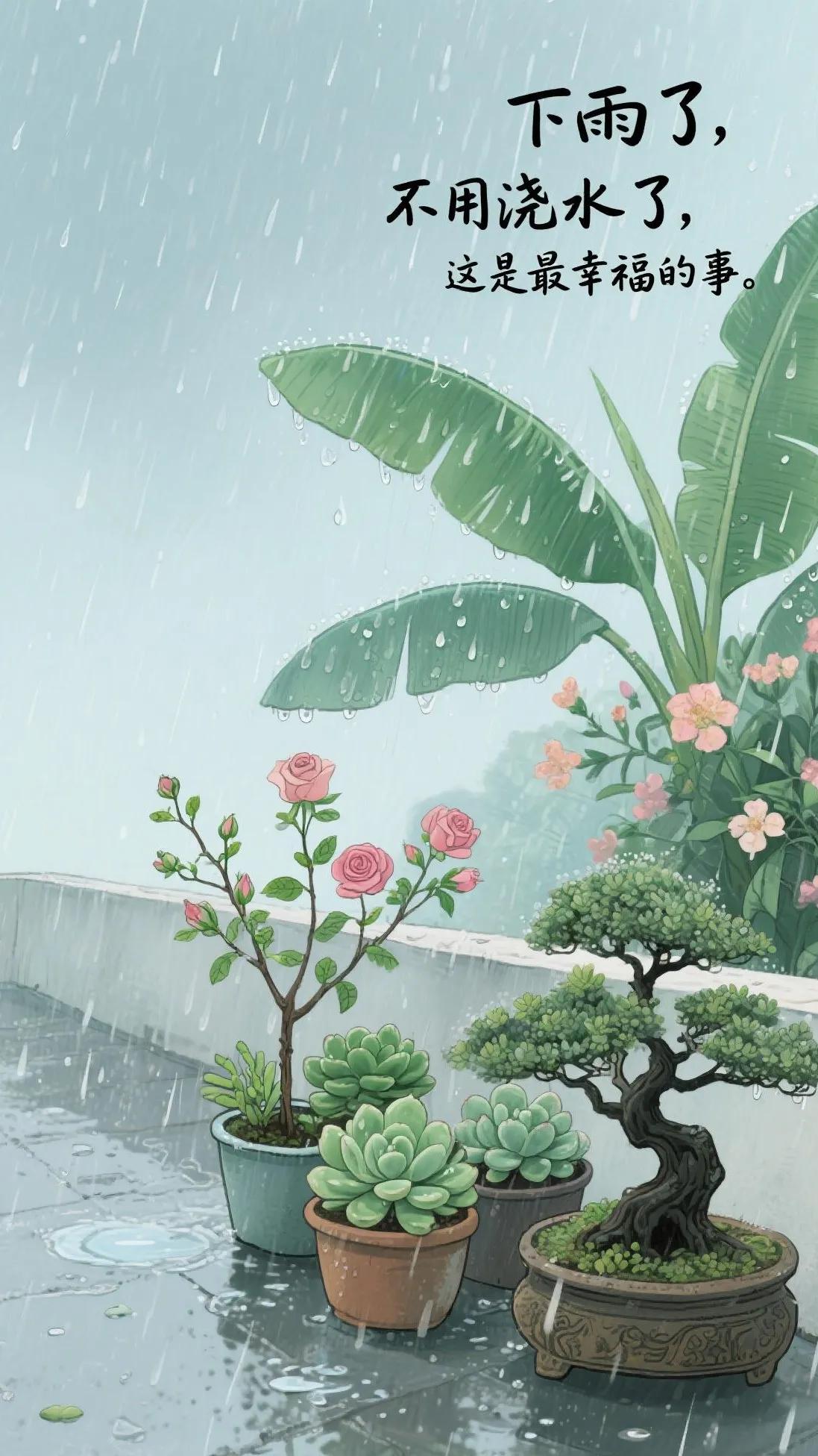 下雨了，不用浇水了，这是最幸福的事。因为我养的肉肉，我养的盆景，扦插的