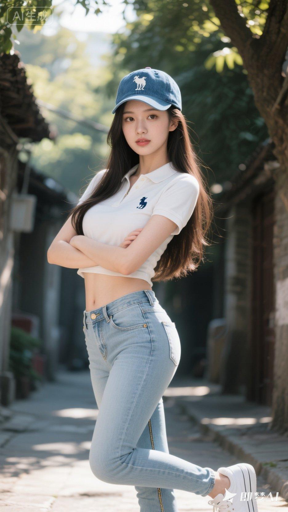 阳光灿烂的午后，老街的树荫下，一位少女青春活力四溢，那时尚的穿搭格外吸睛。她身