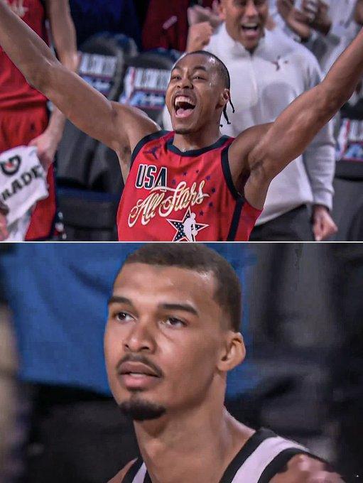 巴恩斯绝杀世界队文班亚马一脸不爽爆冷！巴恩斯三分绝杀，星辰队加时先拿5分赢下世