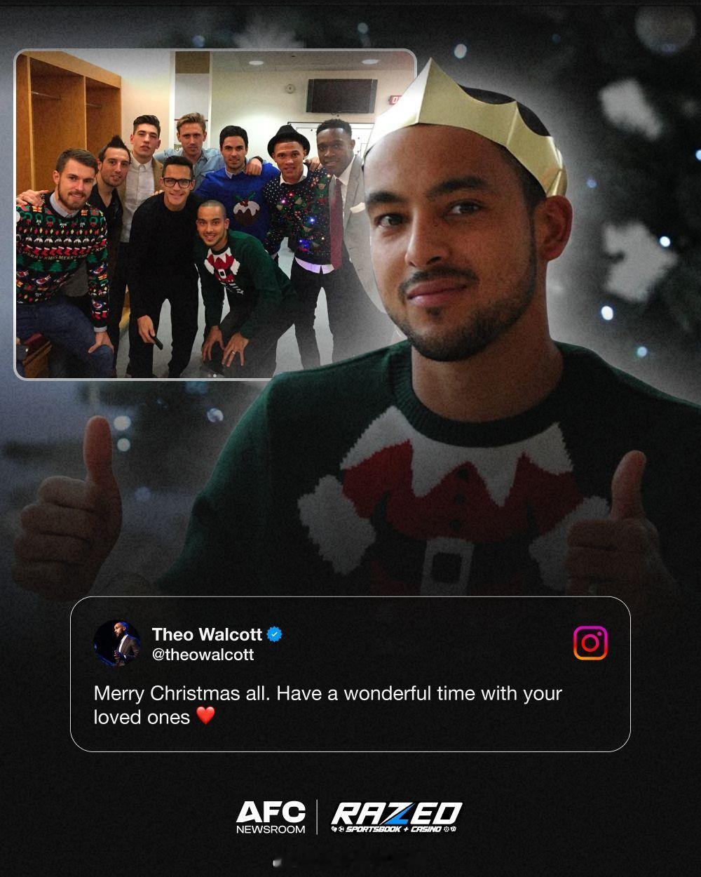 沃尔科特ins分享一张阿森纳老照片以庆祝圣诞节枪手旧将阿森纳英超联赛