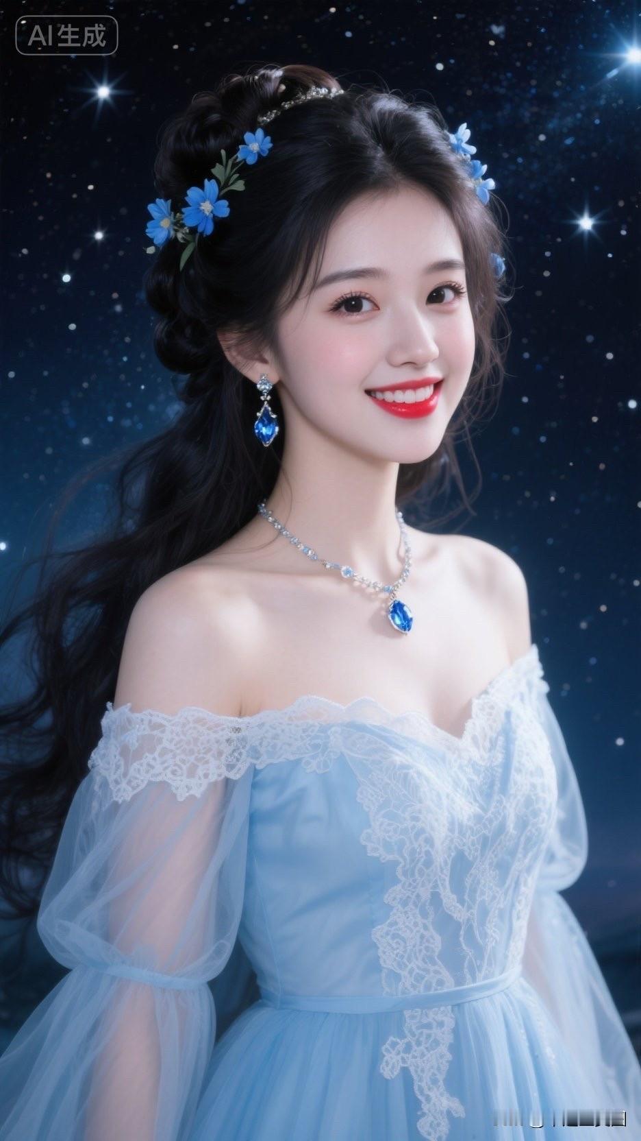 这位美女穿着蓝色礼服，非常漂亮。