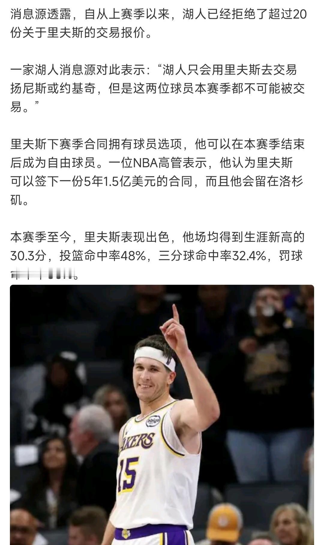 湖人拒绝20份以上对里夫斯的报价！这就是说打死也不交易，挽留里夫斯。目前