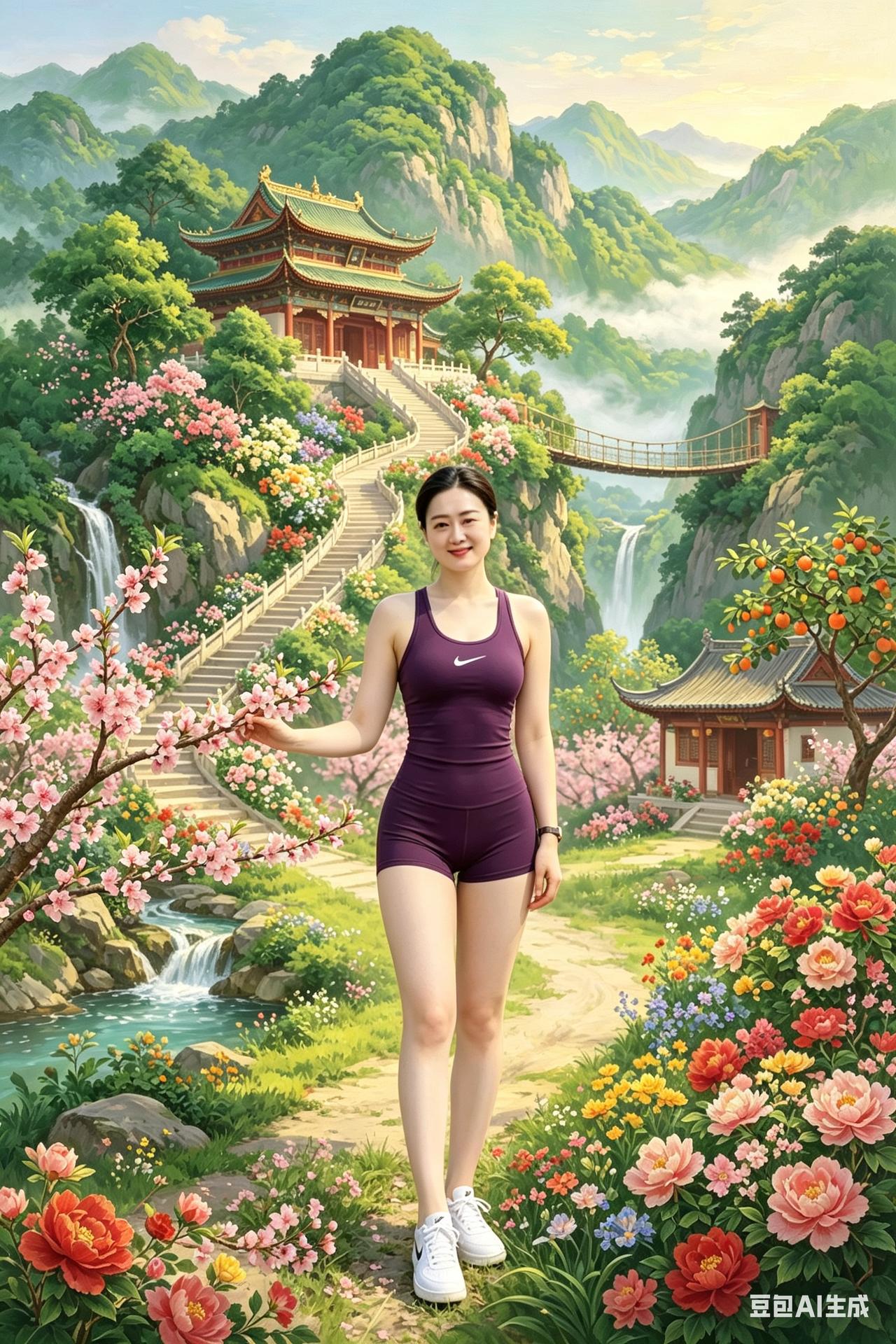 打油诗青山叠翠拥仙台，古殿云间胜境开。飞瀑鸣泉添逸趣，繁英覆径暗香来。紫衣