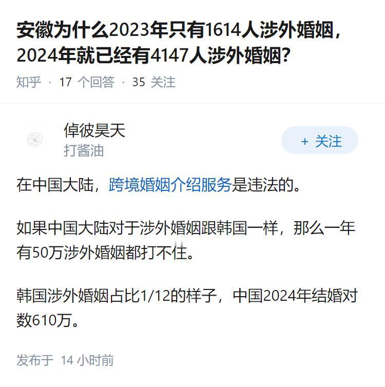 安徽为什么2023年只有1614人涉外婚姻，2024年就已经有4147人涉外婚姻