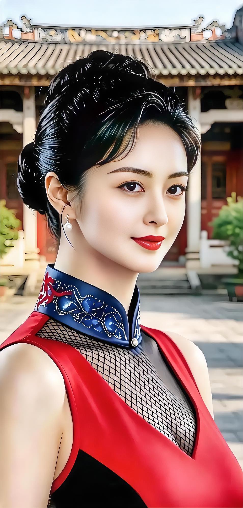 红衣映衬古典院，盘发轻挽珍珠链。蓝领刺绣添雅韵，笑容温婉如画卷。