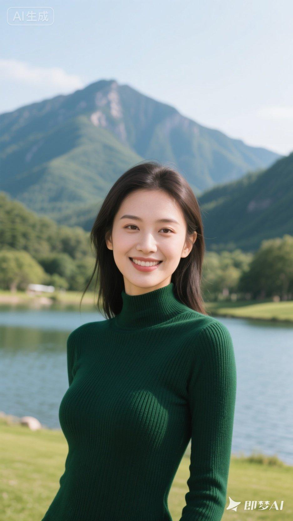 绿意盎然的山水间，微笑女孩与自然和谐共处。