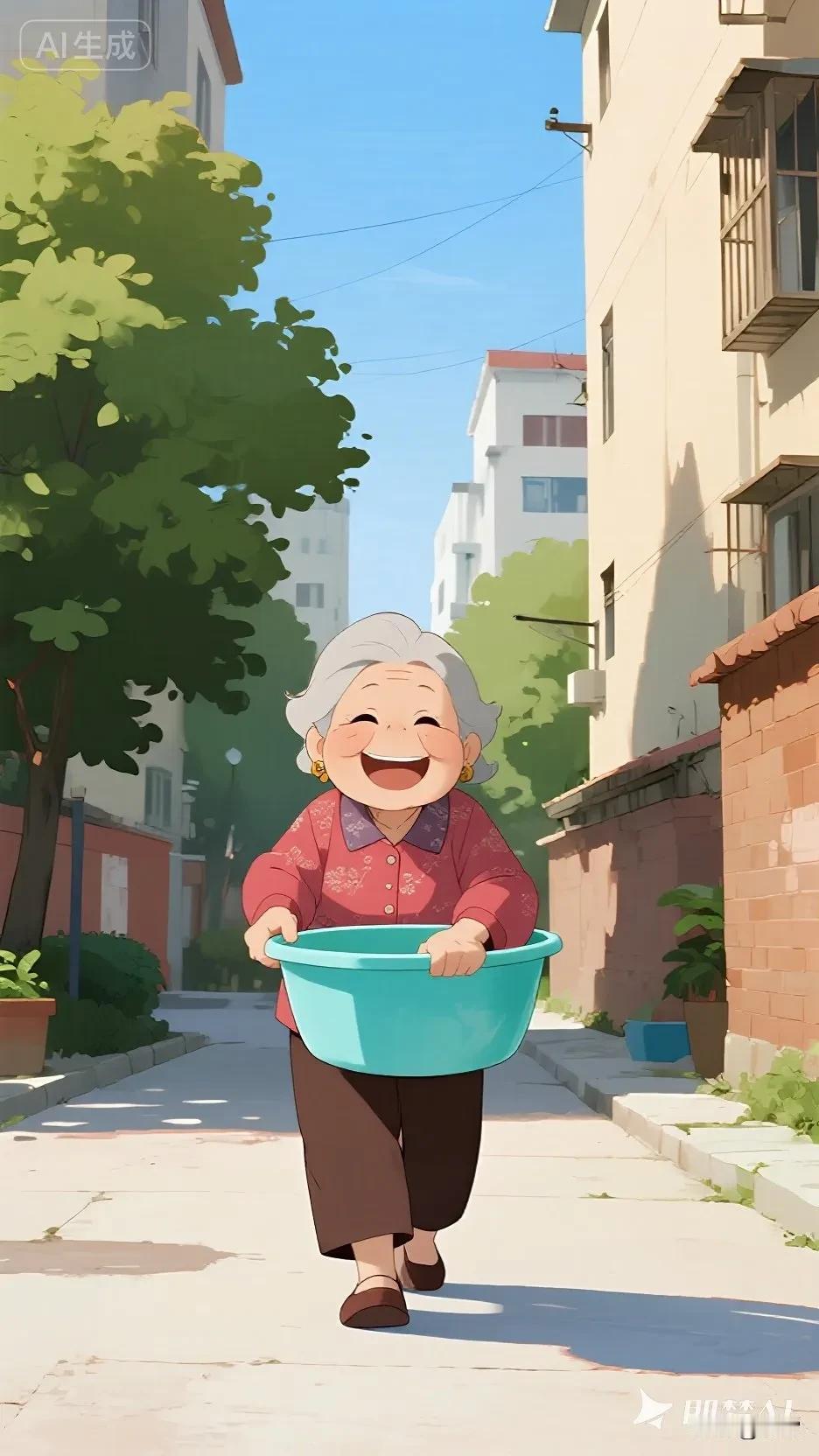 一大早看到婆婆手里掂着一个盆，雄赳赳气昂昂地出门了，那架势仿佛过年一般，脸