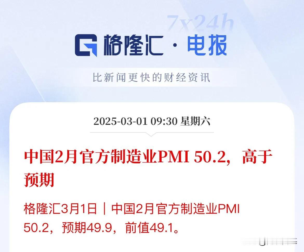 重磅数据出炉！2月官方制造业PMI高于市场预期，重回荣枯线之上2月官方制造业