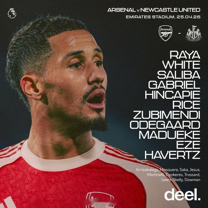 阿森纳首发：拉亚、怀特、萨利巴、加布里埃尔、因卡皮耶、赖斯、祖比门迪、厄德高、马