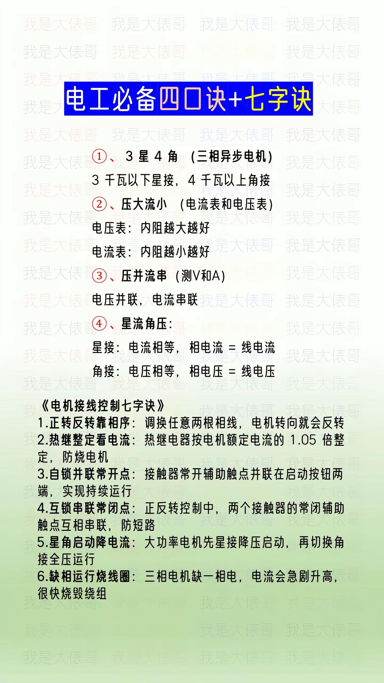 电工必备的四口诀和电机接线控制七字诀。零基础学电工电工知识电工常识