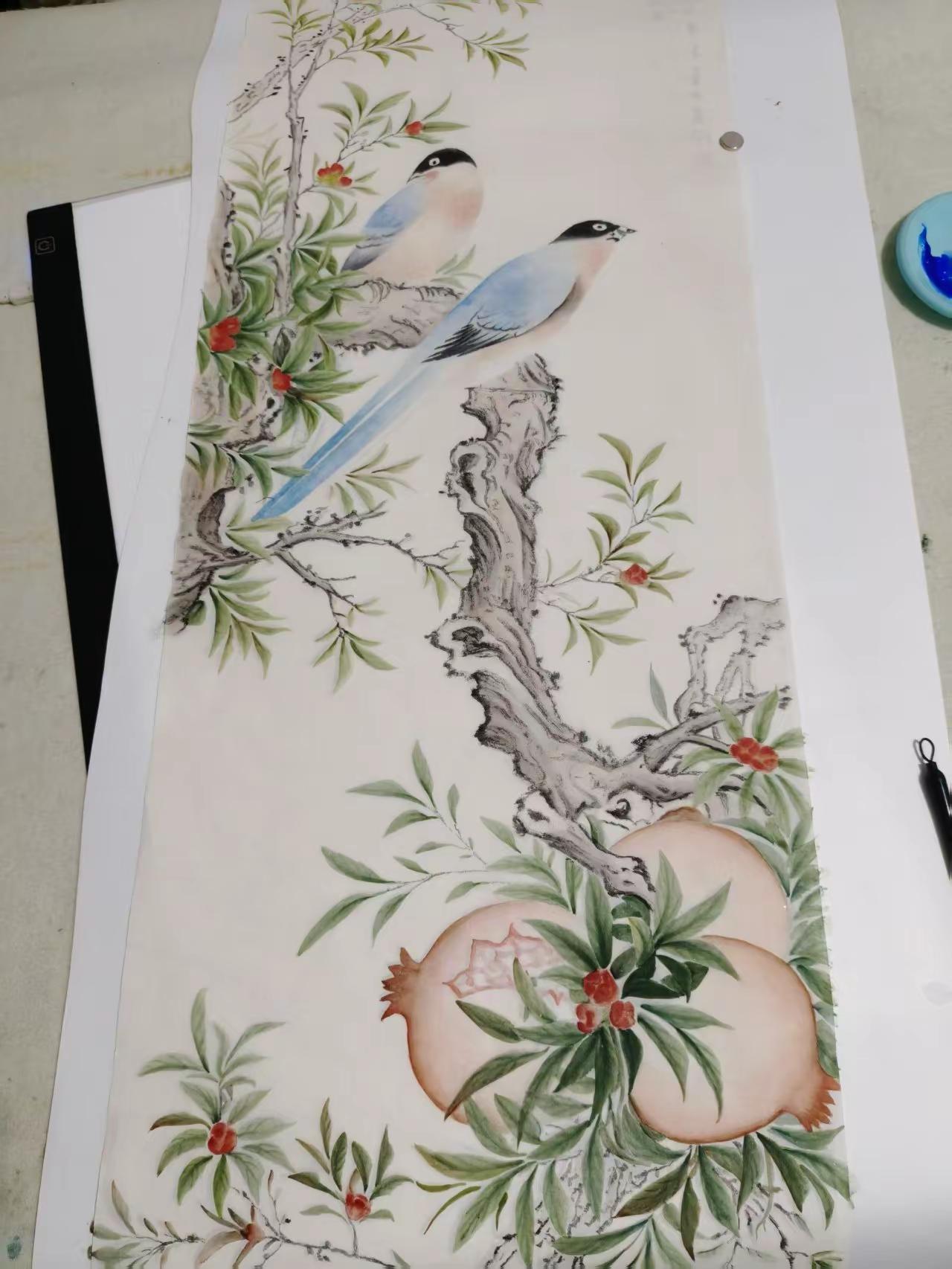 工笔花鸟。工笔四条屏创作者中心创作灵感国画专业工笔国画