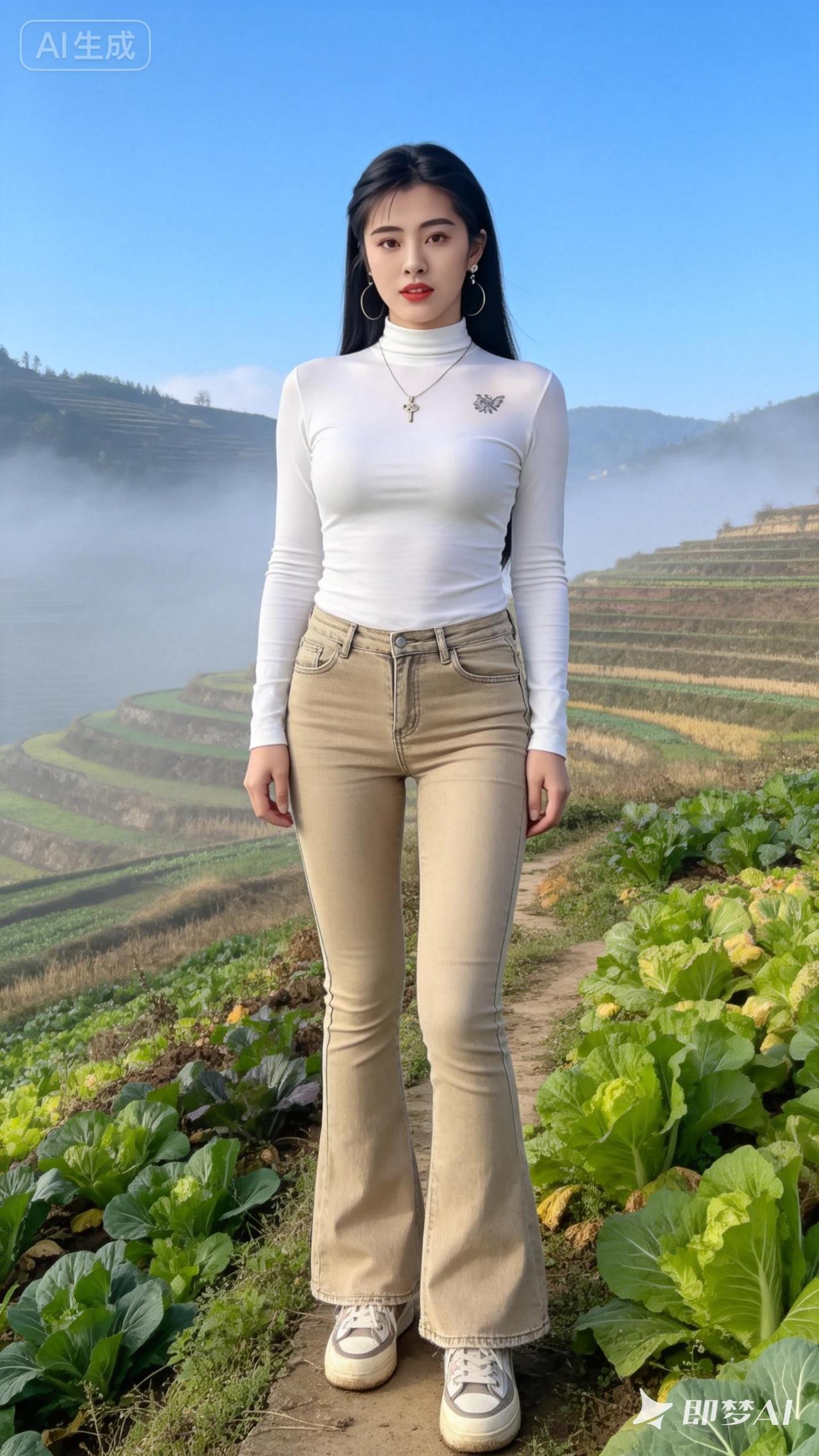 田园风光中的时尚少女，清新自然，尽显青春活力！