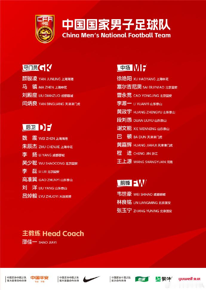 国足2026年第一期集训名单为做好2027年亚洲杯备战工作，经国家队教练组研究