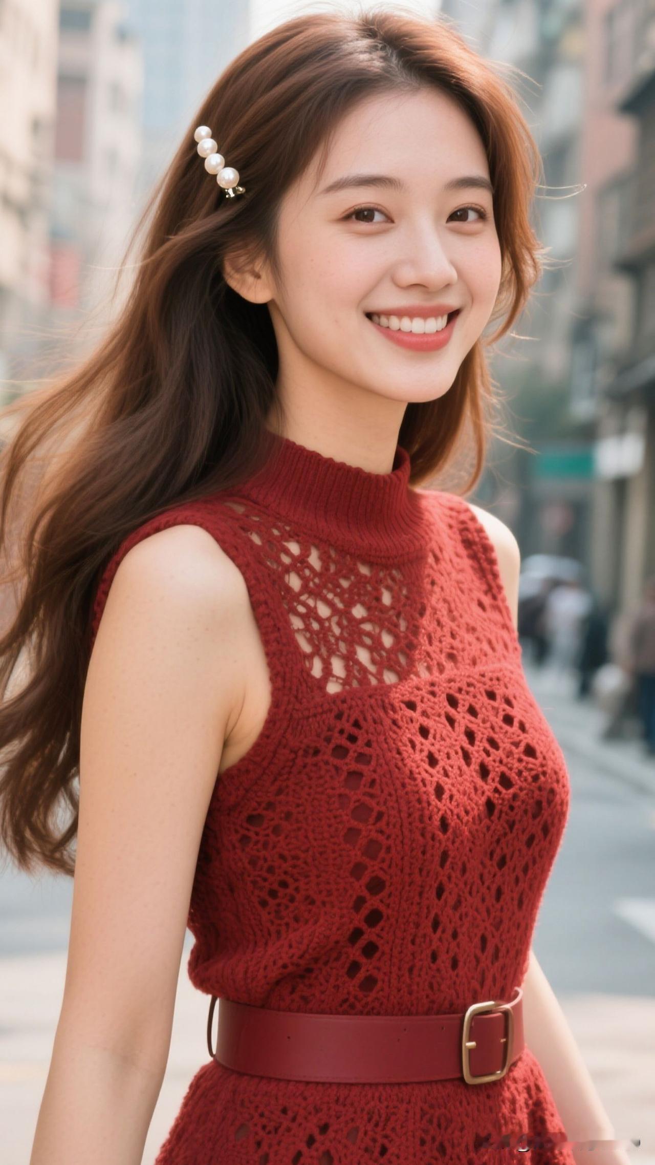 🌹酒红针织织进黄昏的柔，珍珠耳坠曳着街道的光，连风都浸着浪漫的甜。紫色珍珠耳