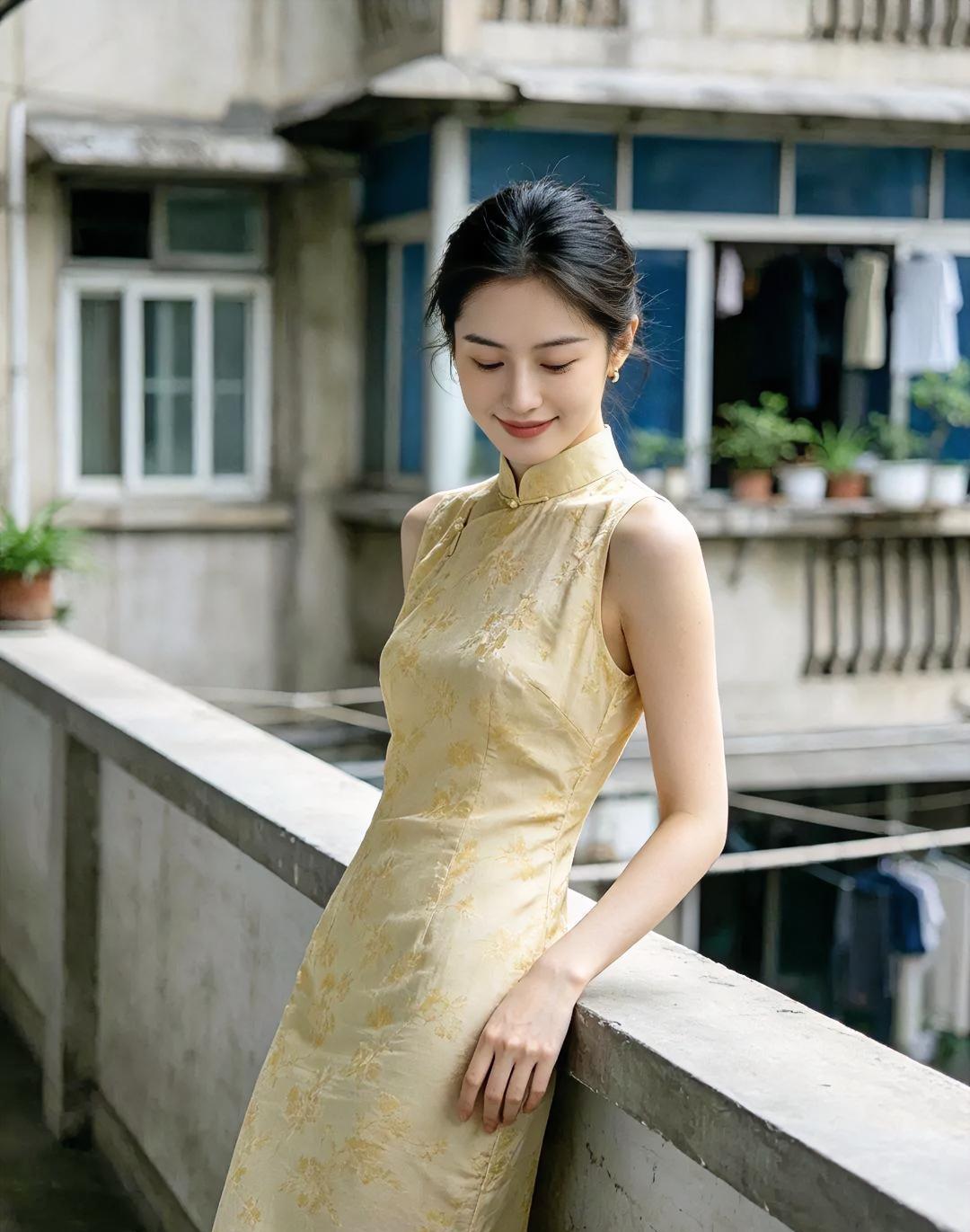 老楼阳台，微风轻扬。一袭鹅黄旗袍，衬得温婉端庄。低眉浅笑，心