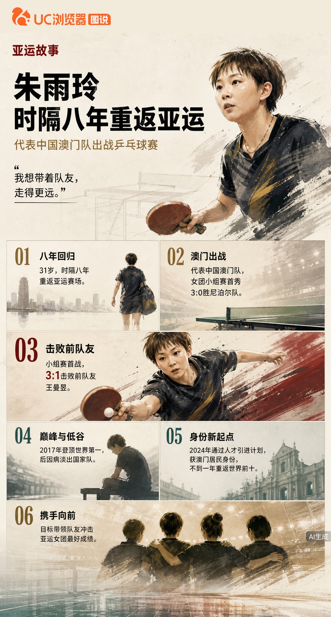 31岁朱雨玲时隔八年重返亚运，代表中国澳门队3:1击败前队友王曼昱。从世界第一到因病淡出再到重启生涯
